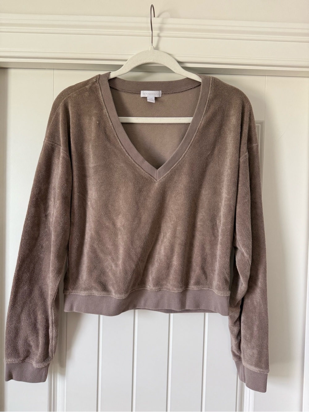 Beyond Yoga Taupe V-Neck Velour Pullover